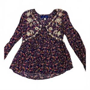 Francesca’s Navy Floral Embroidered Boho V-Neck Long Sleeve Blouse- Size Medium